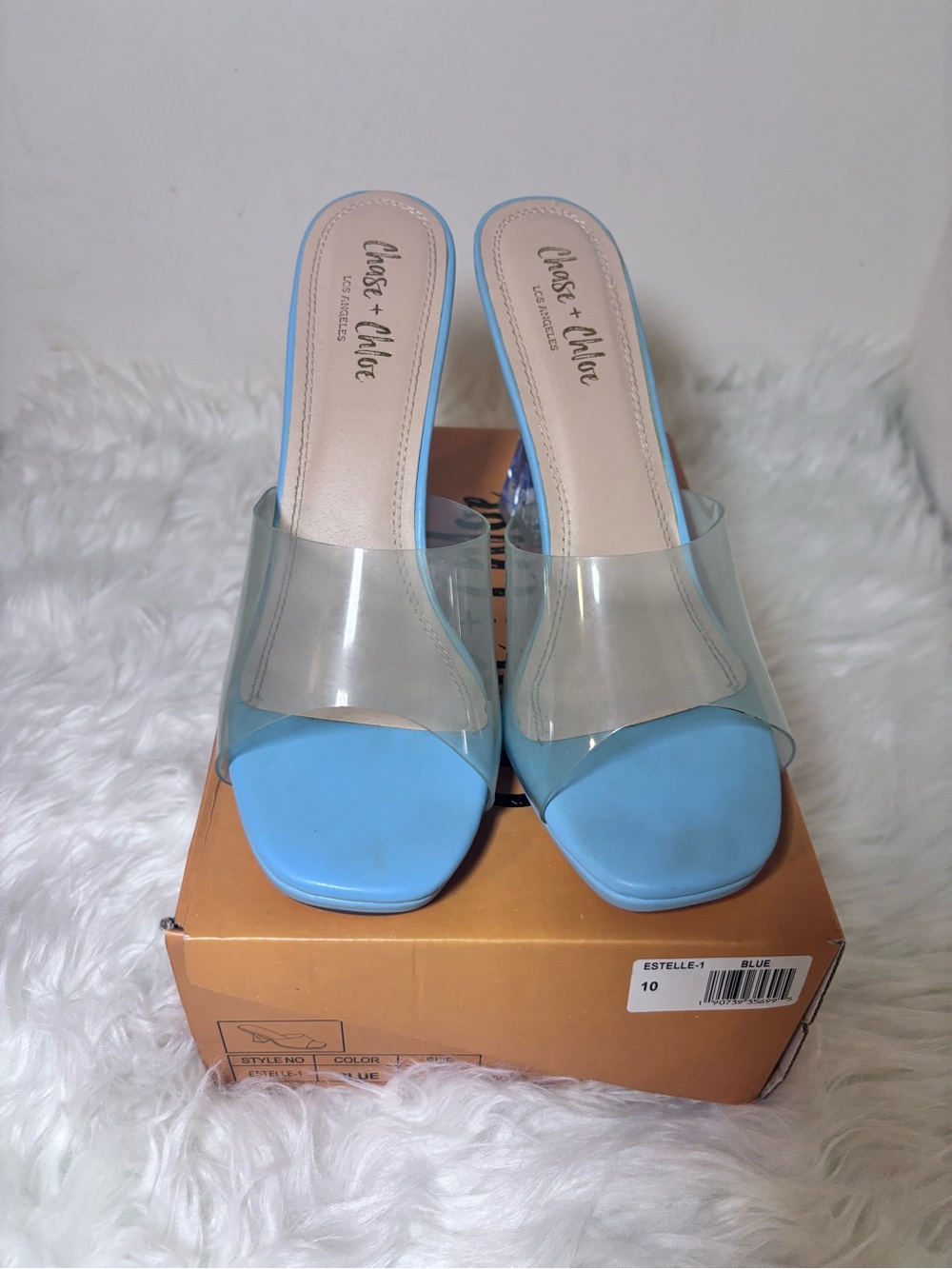 Chase + Chloe Light Blue Clear Strap Slide Mules